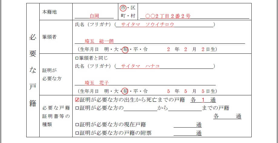 必要な戸籍欄 必要な戸籍欄